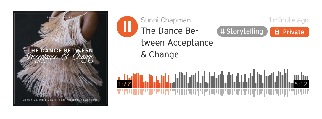 Image of Beautiful dress in a motion on a woman, and text: The Dance Between Acceptance & Change, and beside instruction how you can listed to audio of this blog.