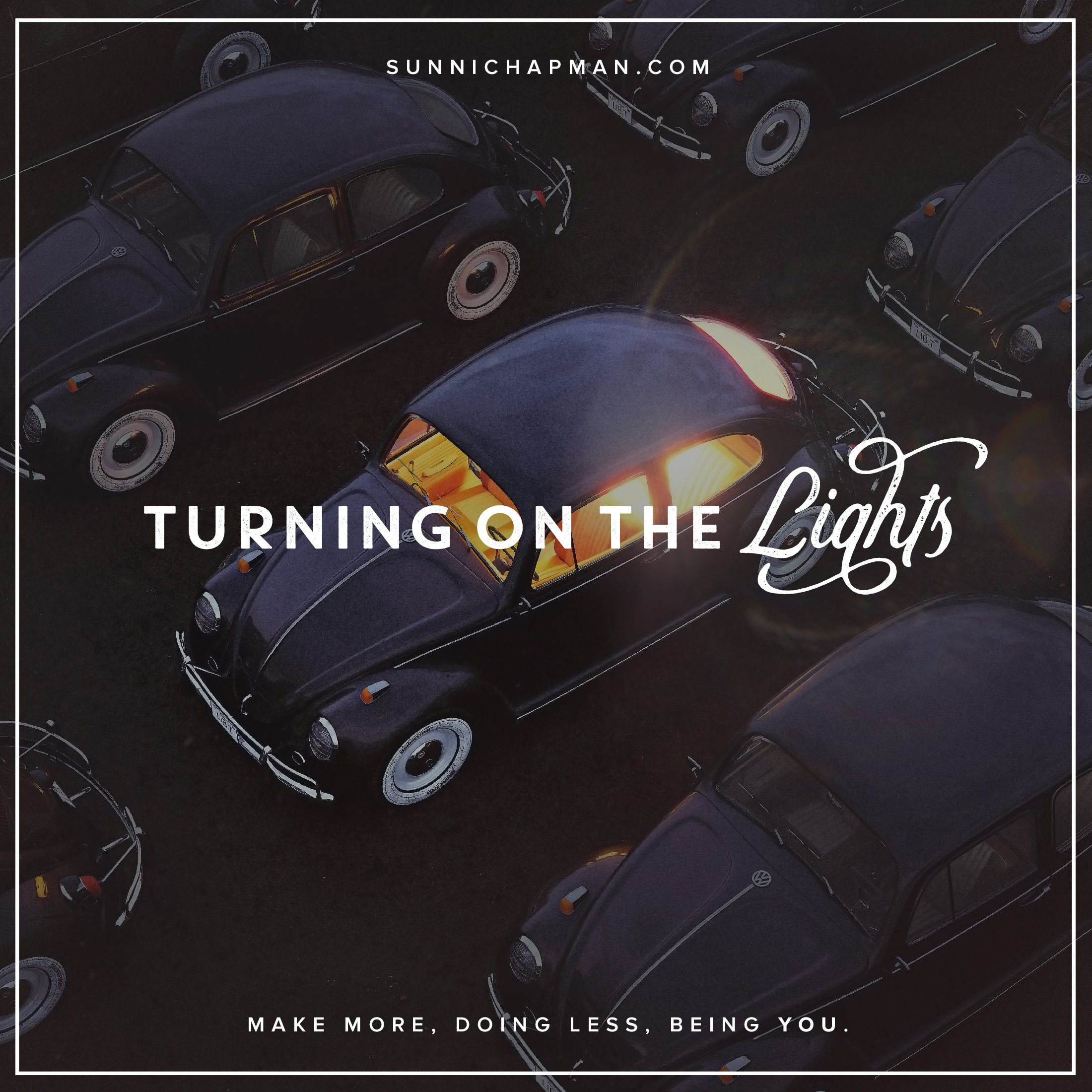 Dark, retro car in the background, with light in it, and the words over - Turning On The Lights