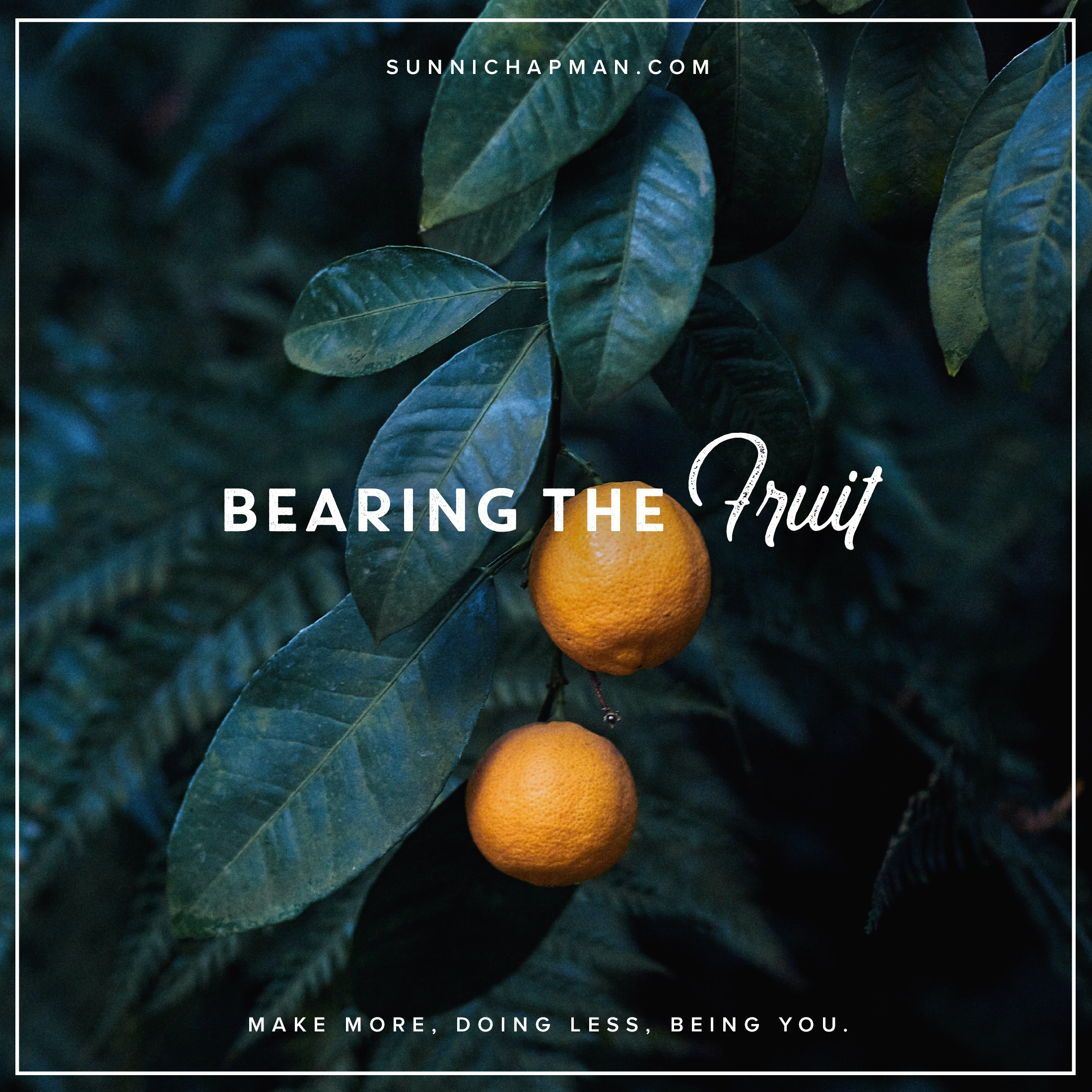 Orange tree in the back, and text in front: Bearing The Fruit