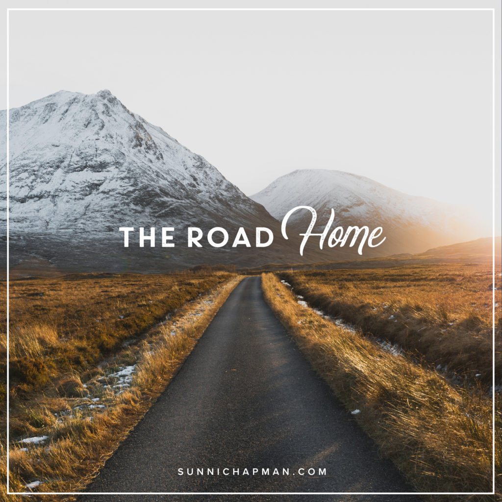 countryside road, to two mountains, and the text: The Road Home