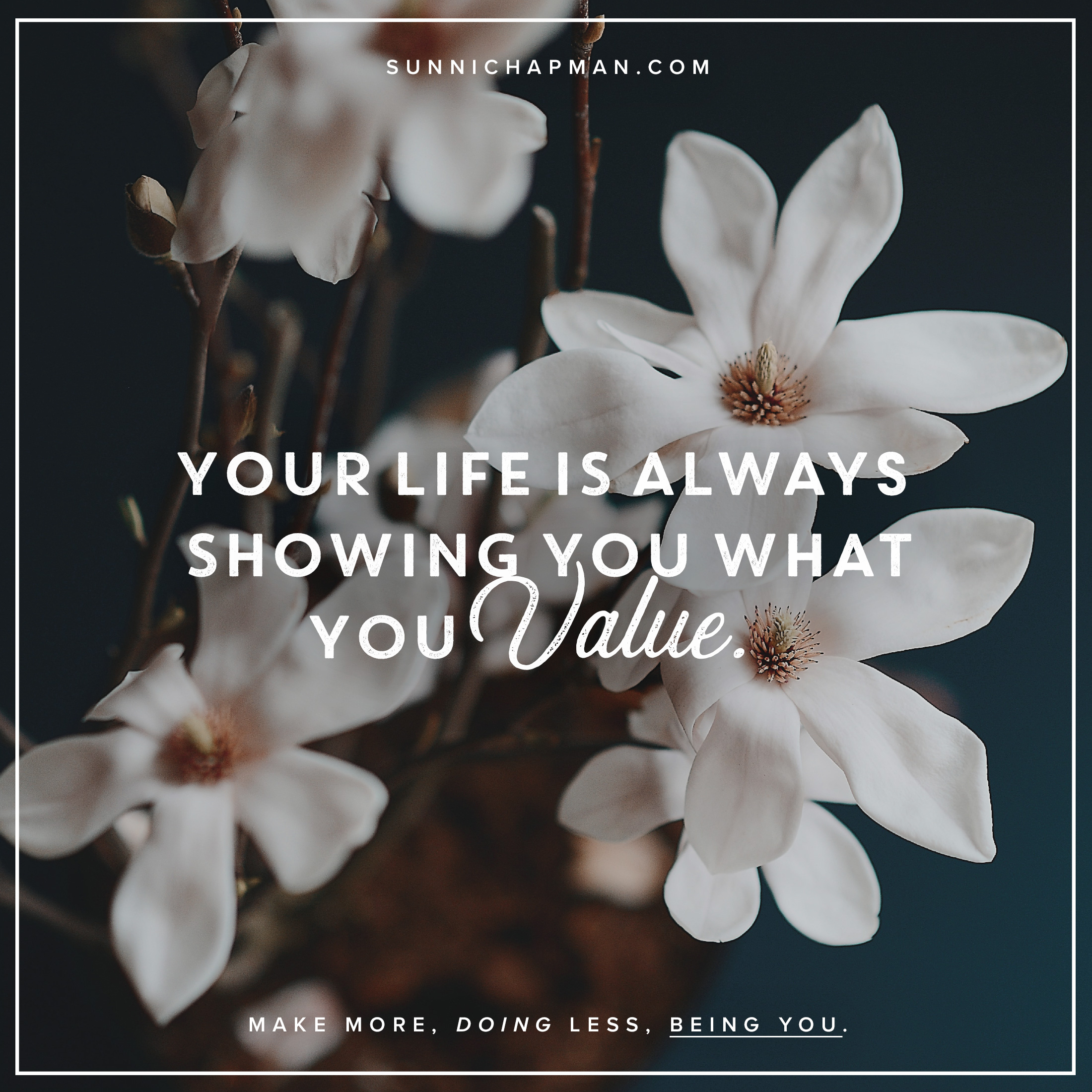 White flowers and text: Your Life Is Always Showing You What You Value